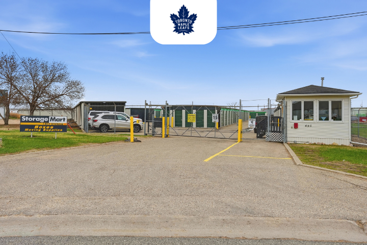 Exterior view of a StorageMart facility in Regina Saskatchewan with a Toronto Maple Leafs logo